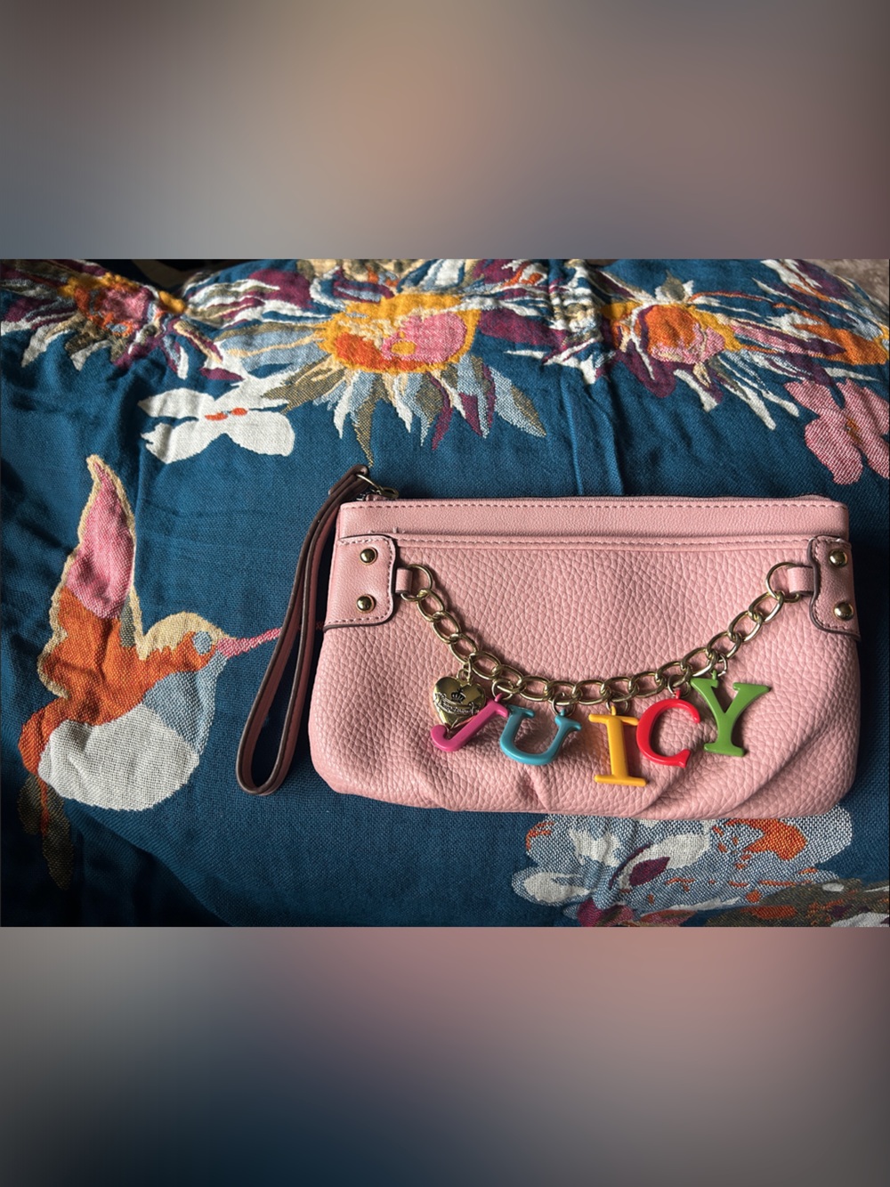 Juicy Couture Pink Leather Wristlet with Multicolor Letter Charm